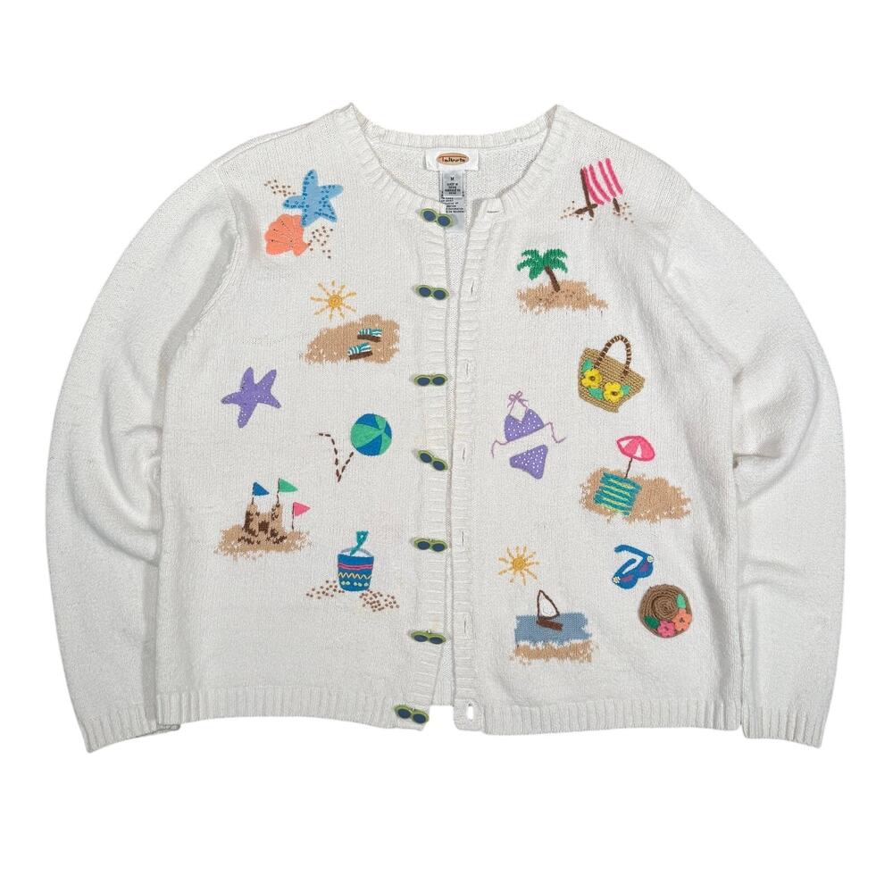 Vintage Talbots Beach Day Beaded & Embroidered Knit Cardigan Sweater